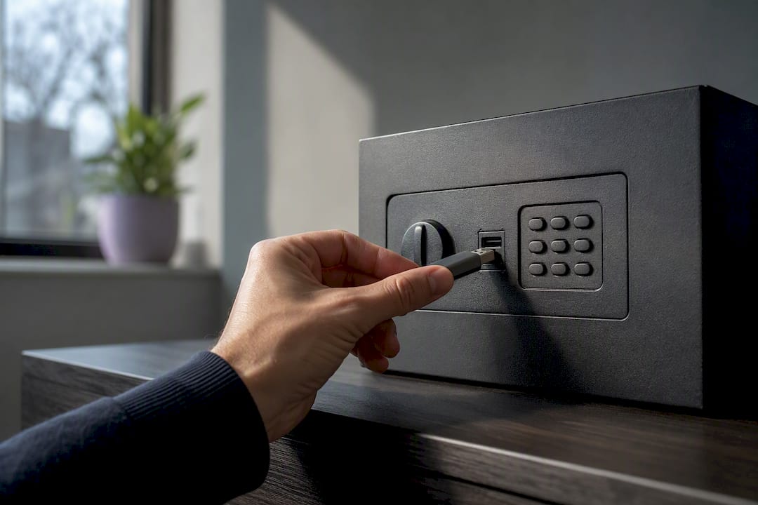 En hand lägger in ett USB-minne med en känslig rapport om säkerhetsintrång i ett låst kassaskåp.
