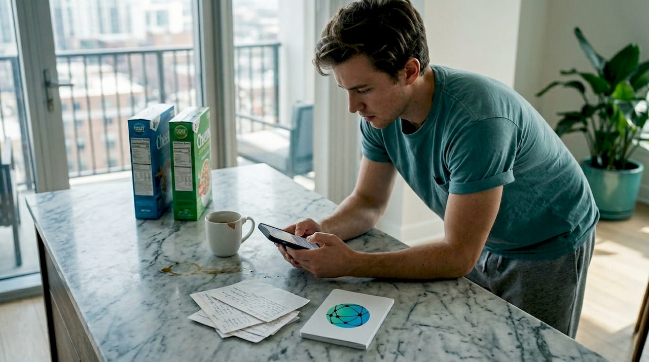 Person composing Instagram post in kitchen