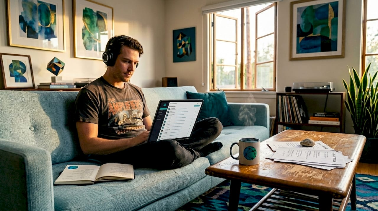 Musician organizing music links in living room