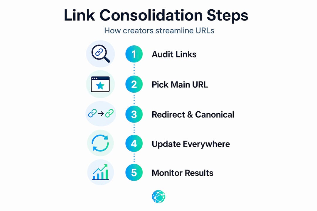 Vertical flow infographic showing link consolidation steps