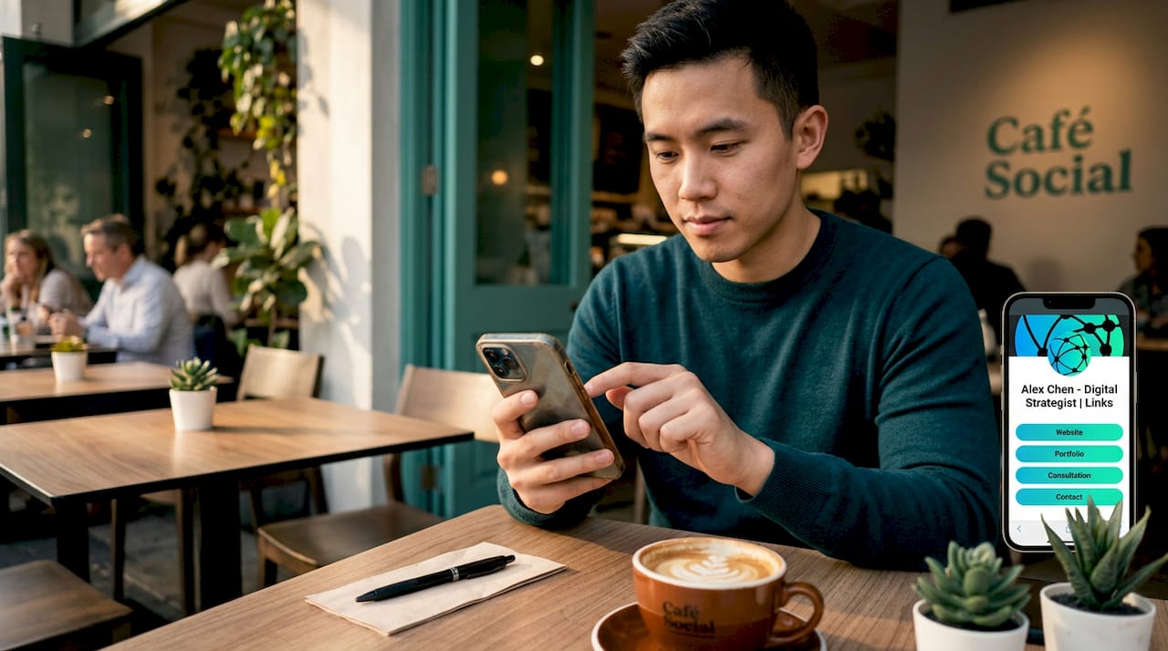Person reviewing bio link page on smartphone in café
