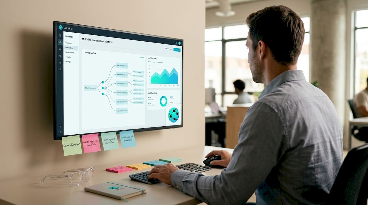 Marketing professional managing link redirects on large screen