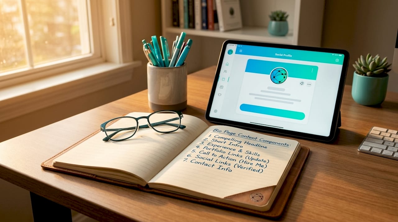 Close-up of bio page content notes and phone screen