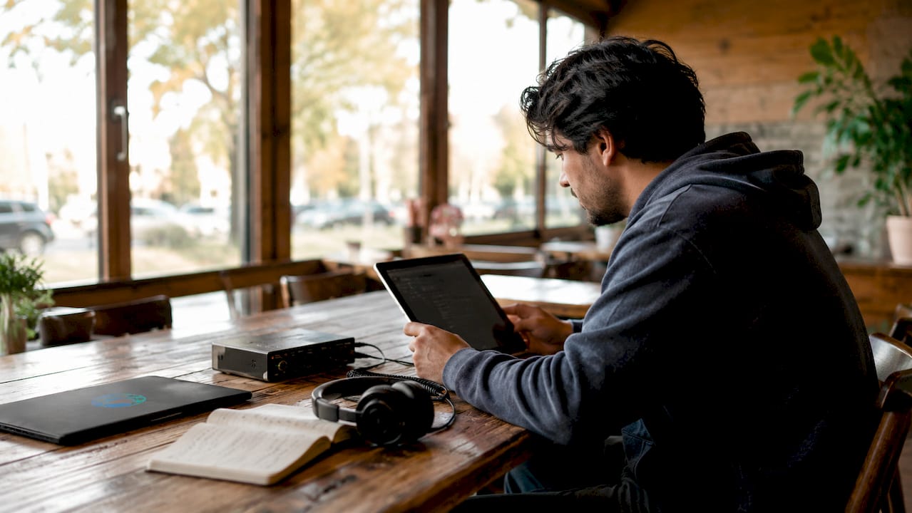 Musician testing single-release page on tablet overhead