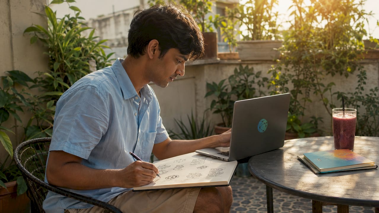 Young man developing social media brand ideas