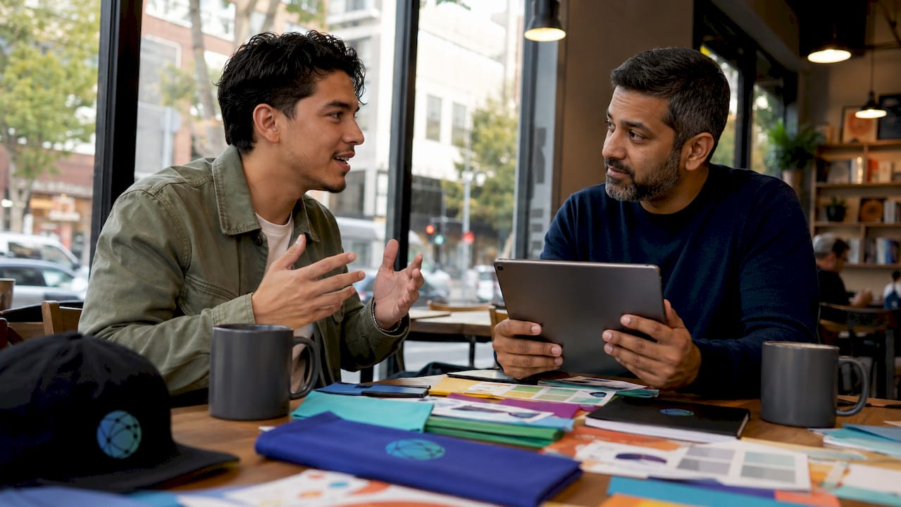 Brand marketer and influencer discussing campaign details