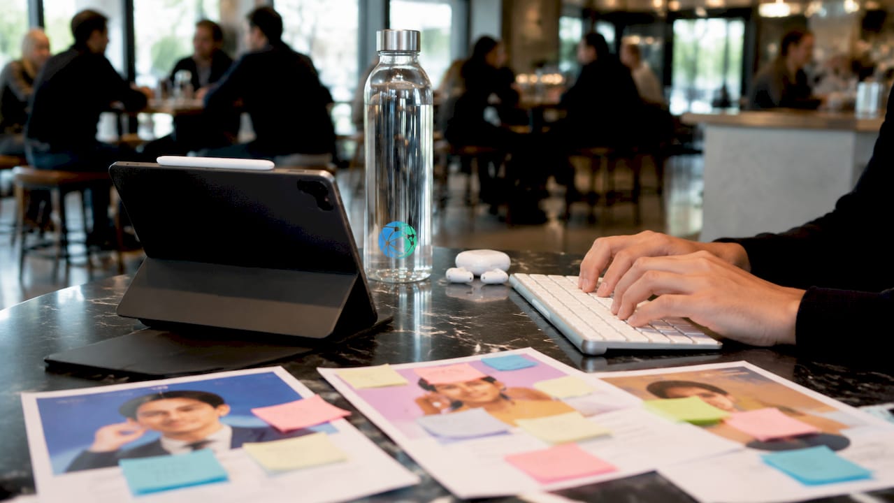 Hands typing with influencer profiles and tablet nearby