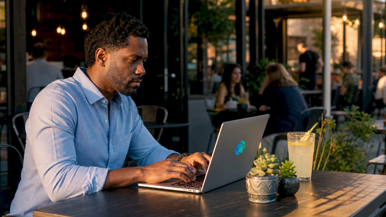 Hands typing laptop customizing profile URL in cafe