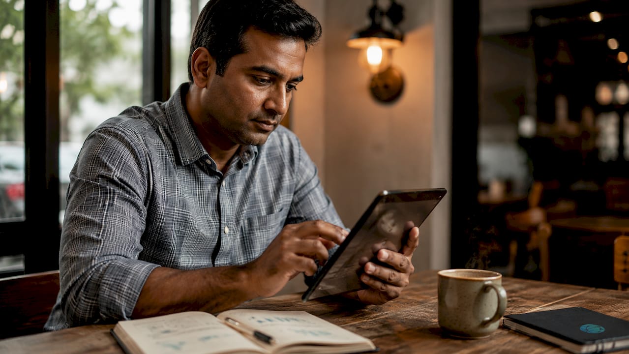 Hands analyzing social media data on tablet