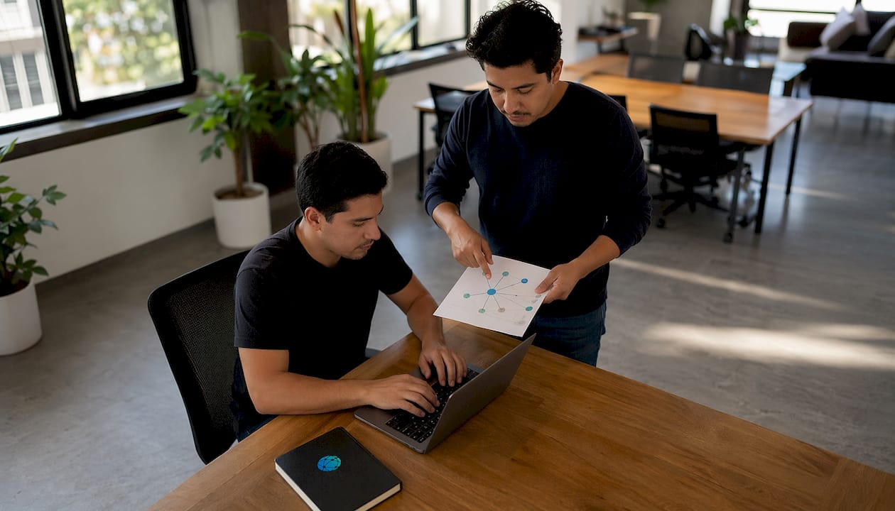 Hands typing on laptop with mobile app link diagrams nearby
