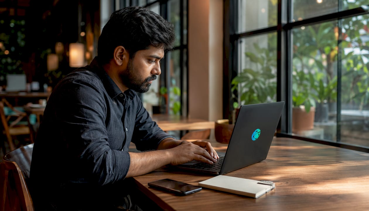 Man working on laptop managing social media links