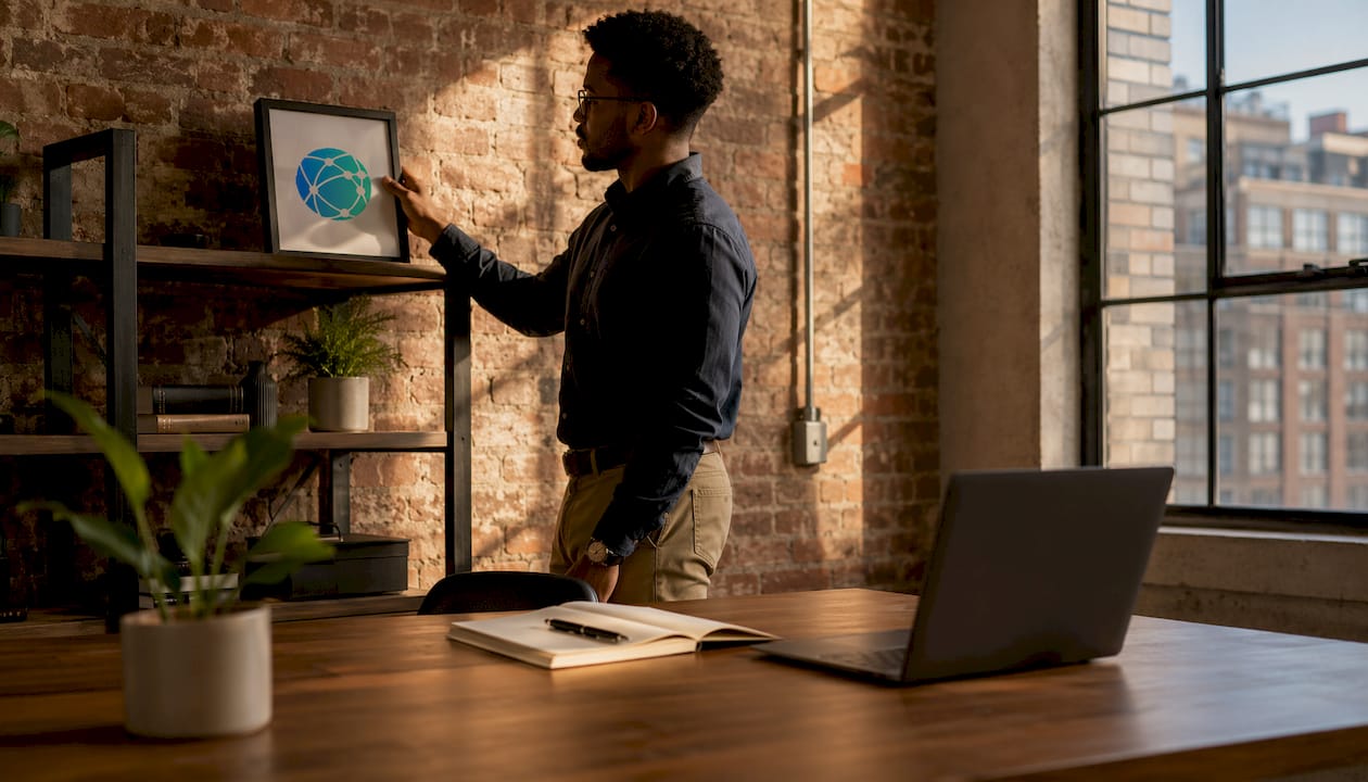 Businessman arranging branding elements in home office