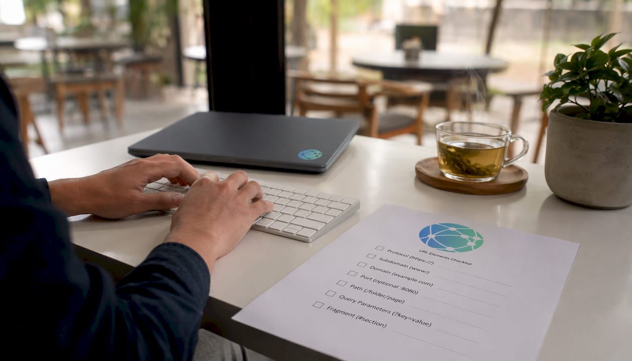 Hands typing with URL components list