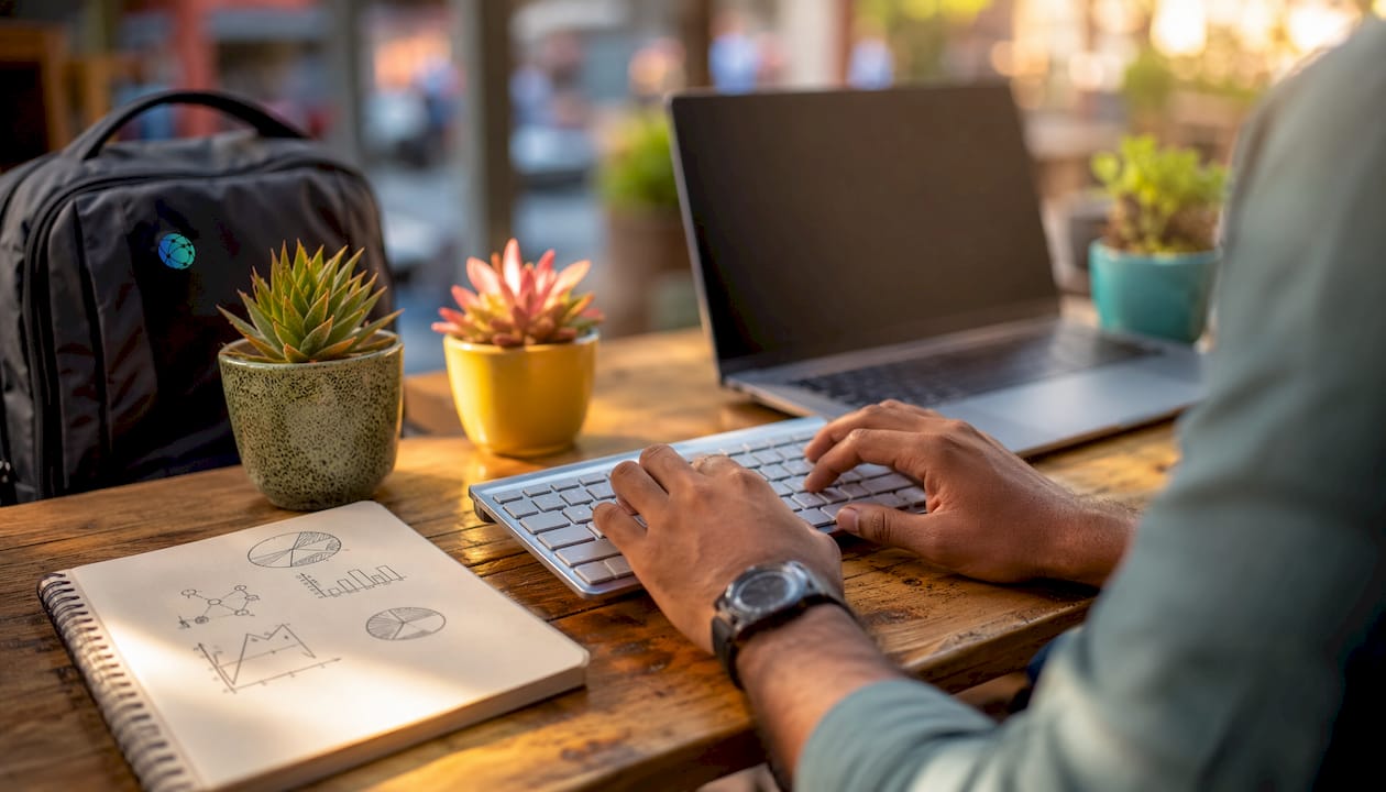 Hands typing on keyboard reviewing analytics data