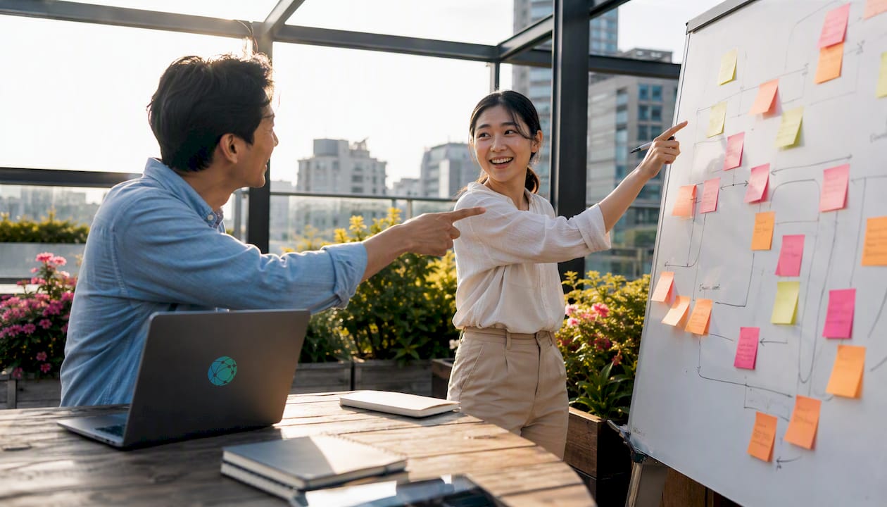 Two colleagues planning influencer program with whiteboard