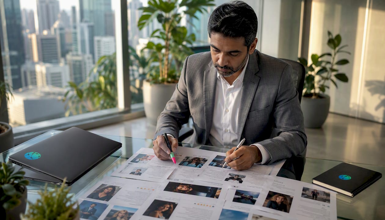 Man reviewing creator profiles in conference room