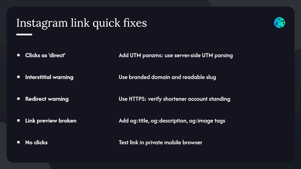 Quick fixes for common Instagram link problems — overview diagram