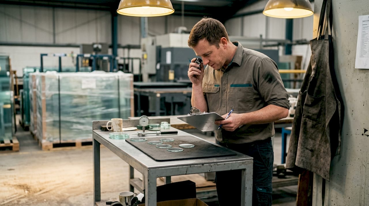 Technician inspects glass for defects