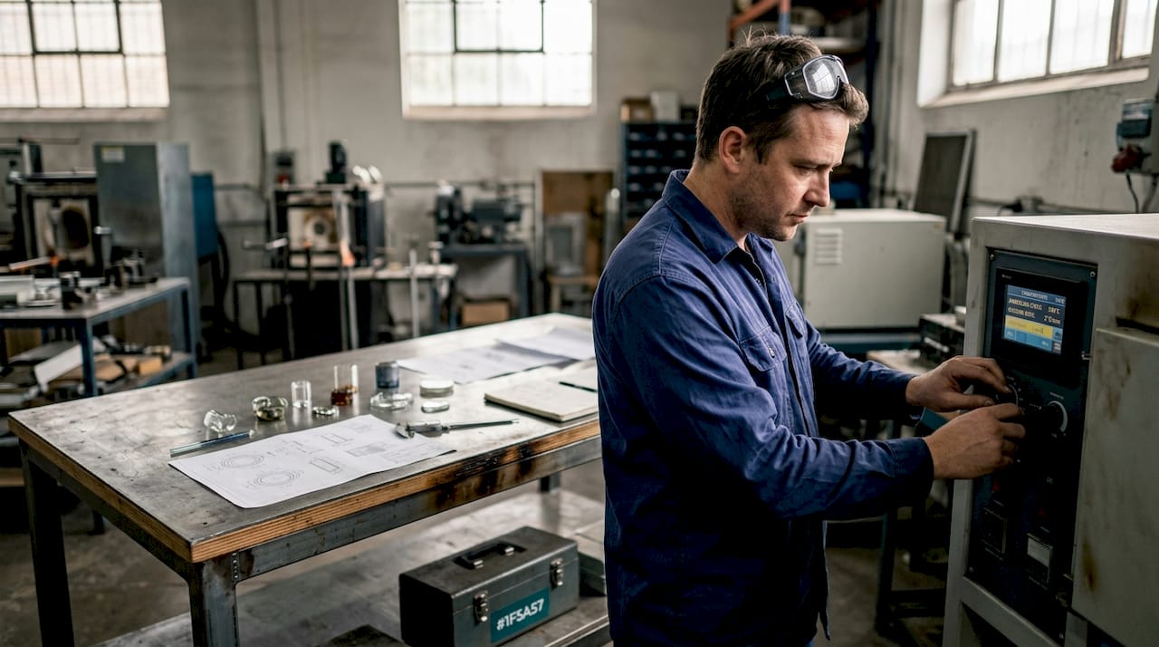 Technician using glass annealing equipment