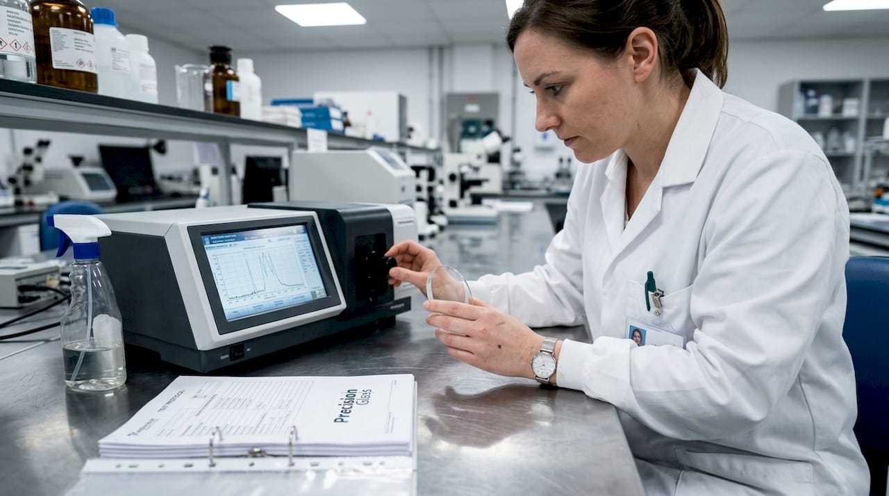 Lab technician testing optical glass sample