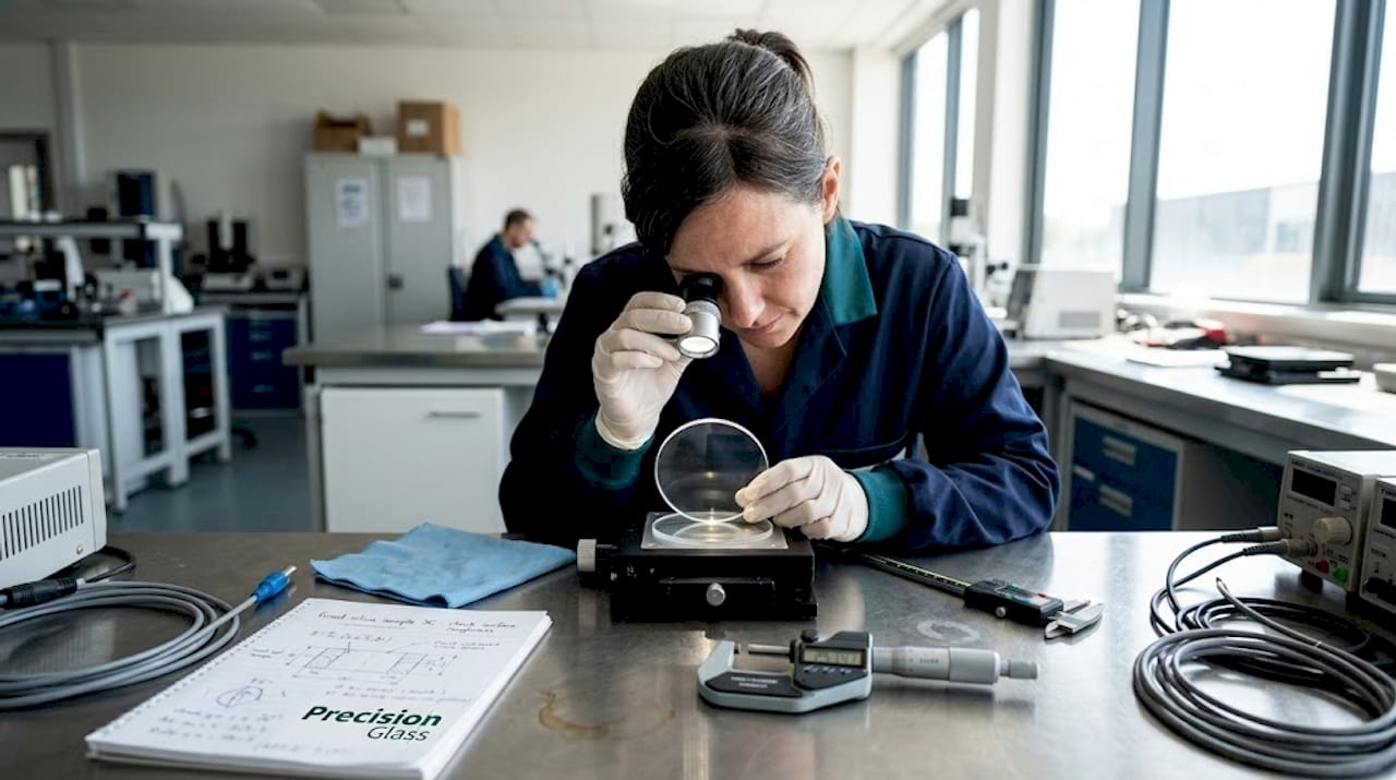 Scientist inspects fused silica glass disc in laboratory