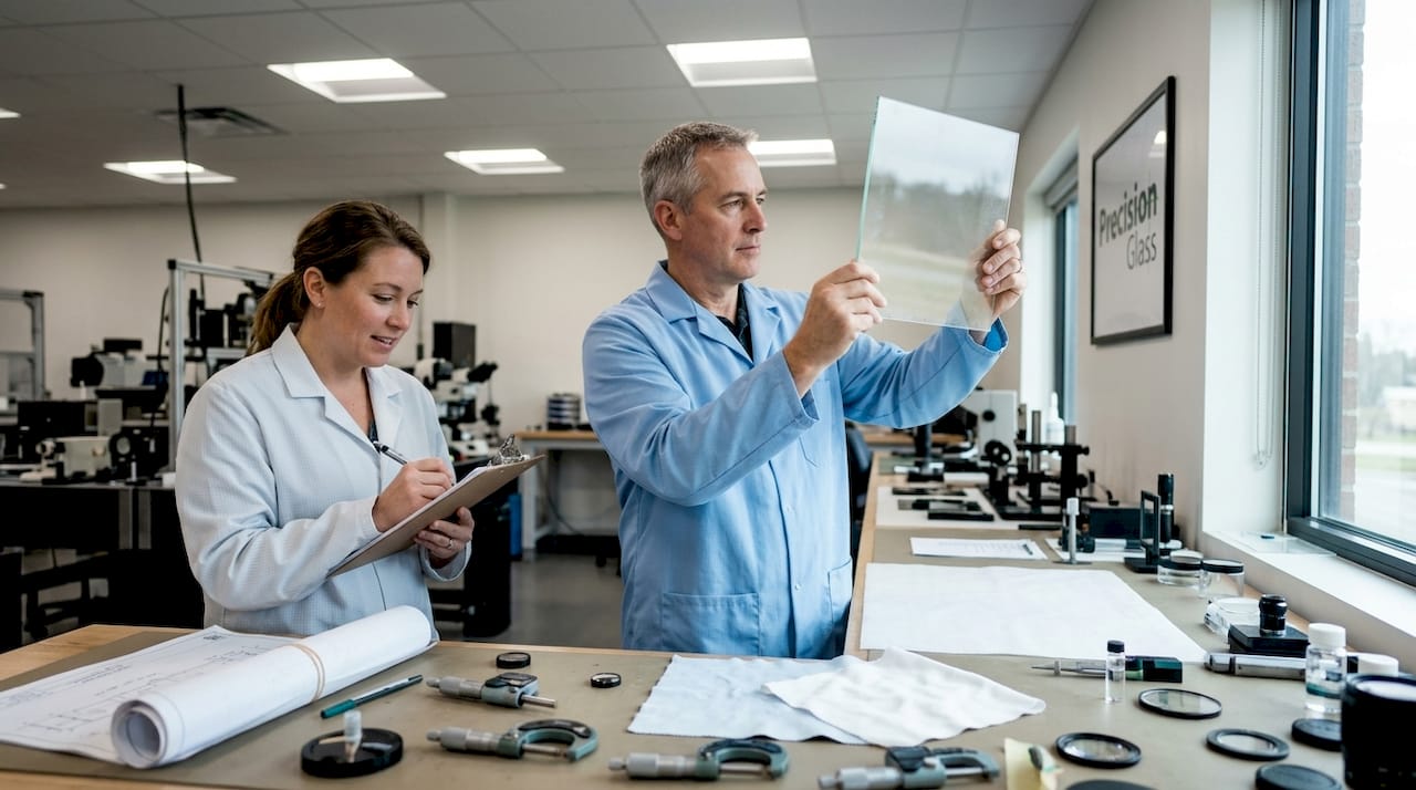 Engineers inspect glass panel in laboratory