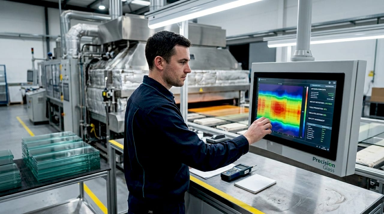 Glass technician at furnace inspecting sheet