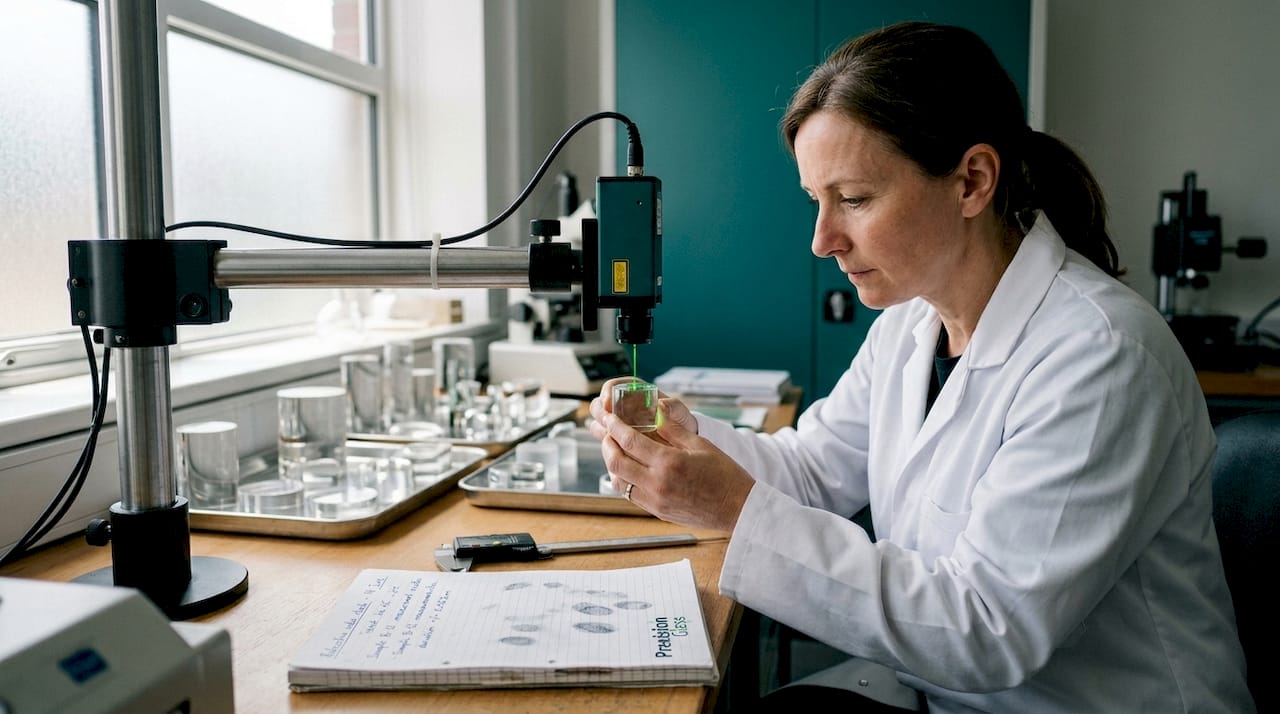 Engineer testing optical glass sample in laboratory