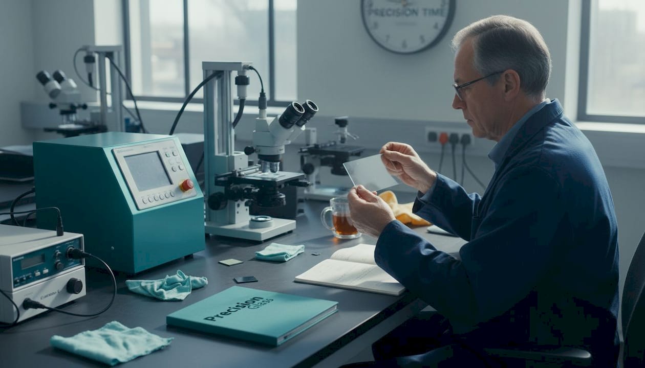 Technician inspects glass substrate in assembly lab