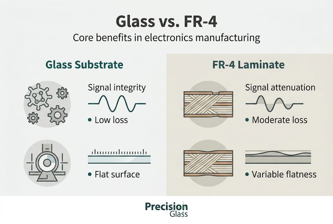Infographic comparing glass and FR-4 properties