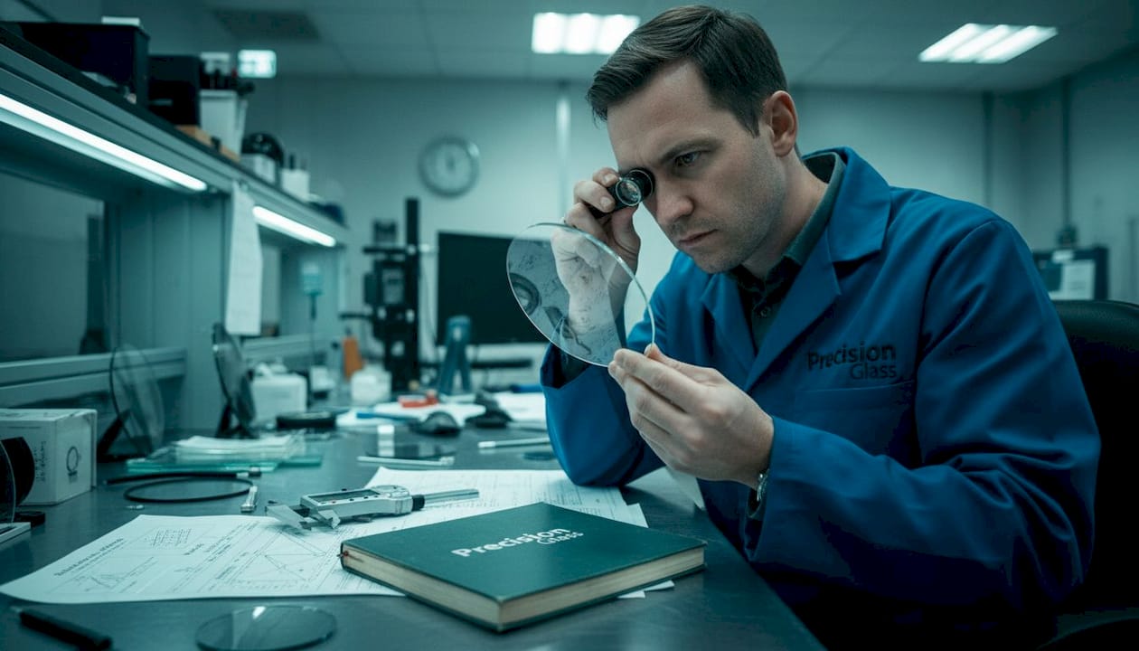 Engineer inspecting large glass lens at workbench