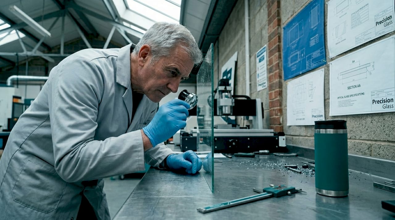 Engineer inspecting glass edge in factory