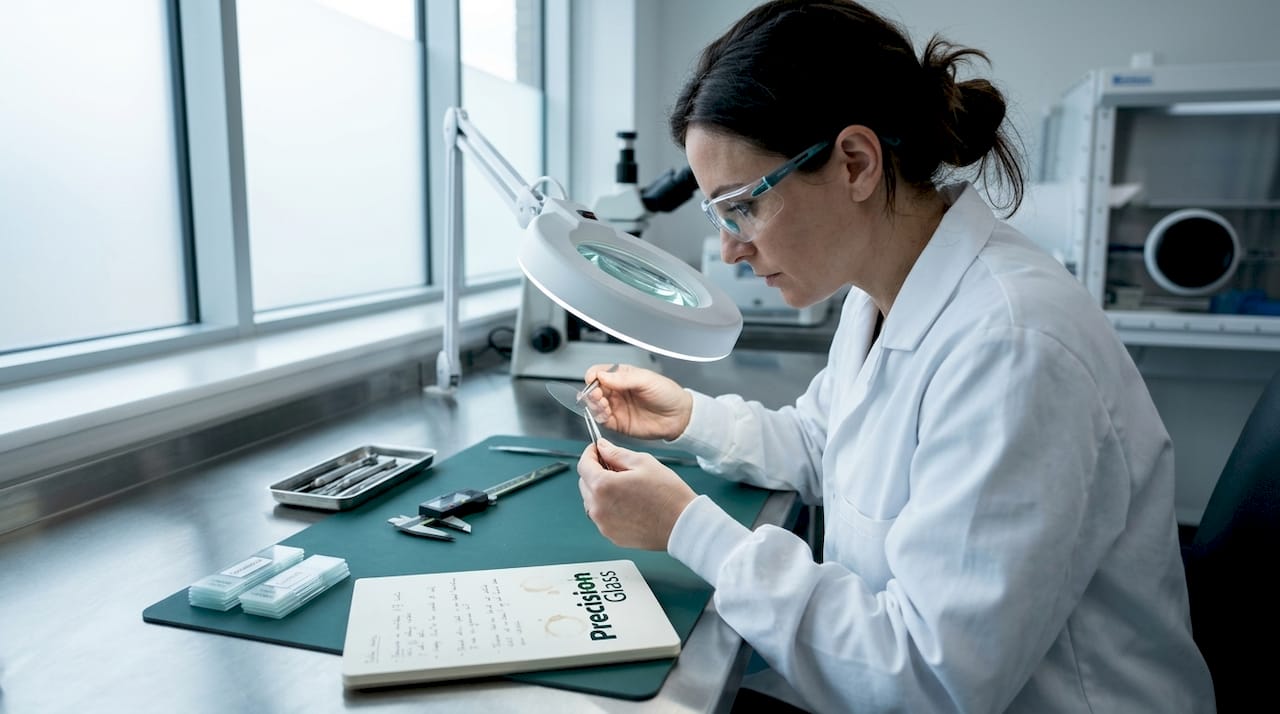 Scientist inspects thin glass wafer in medical lab
