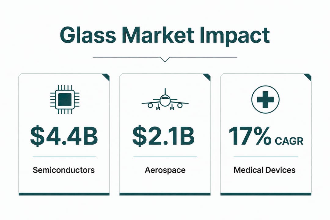 Infographic with market size stats for glass in aerospace, semiconductors, medical devices