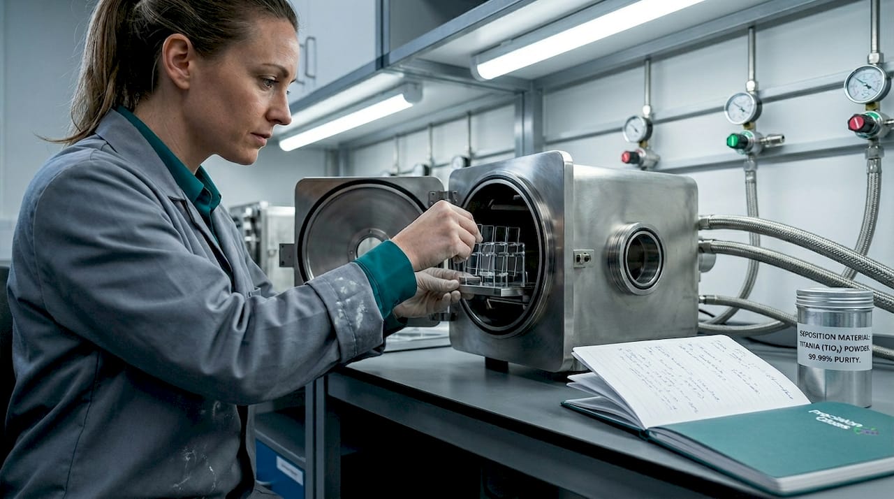 Technician placing glass slides into vacuum chamber