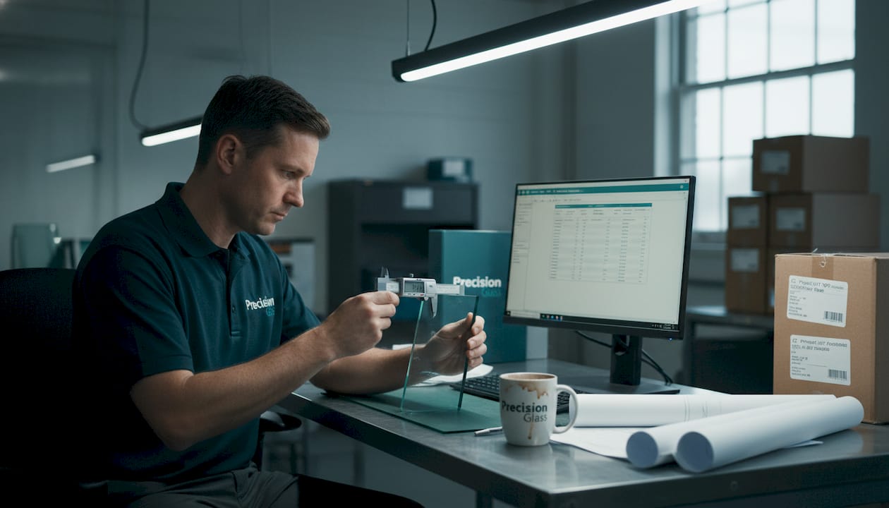 Engineer inspecting glass components at factory desk