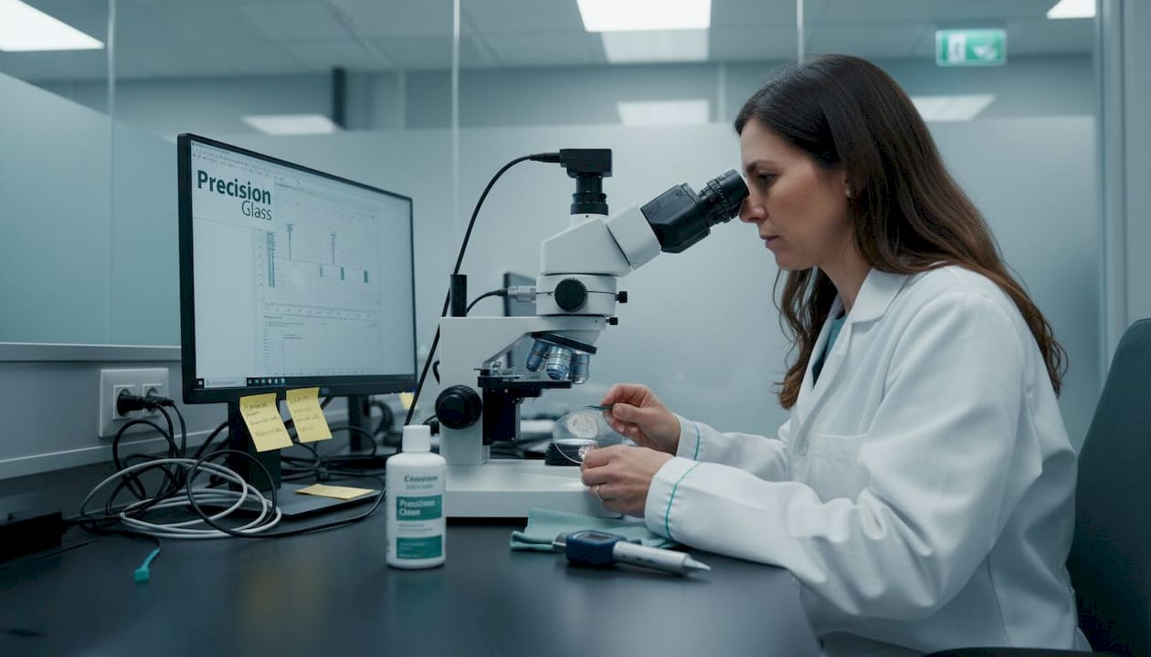 Scientist inspecting glass substrate in laboratory setting