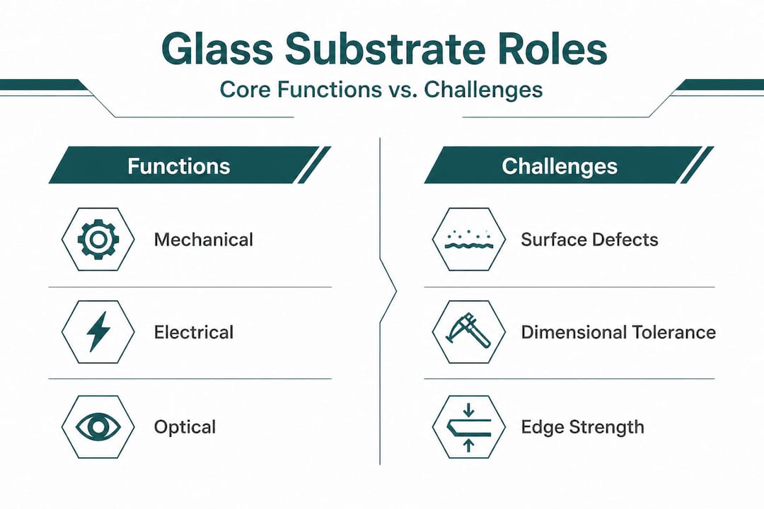Infographic comparing glass substrate functions and challenges