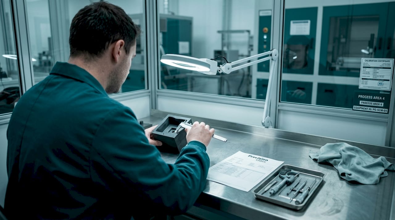 Technician preparing glass mould in process lab