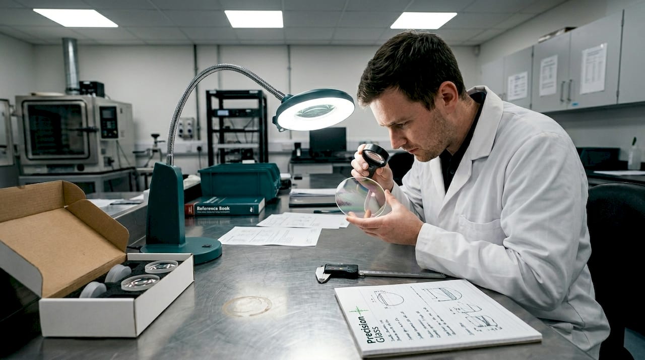 Engineer inspecting coated optical glass in a laboratory