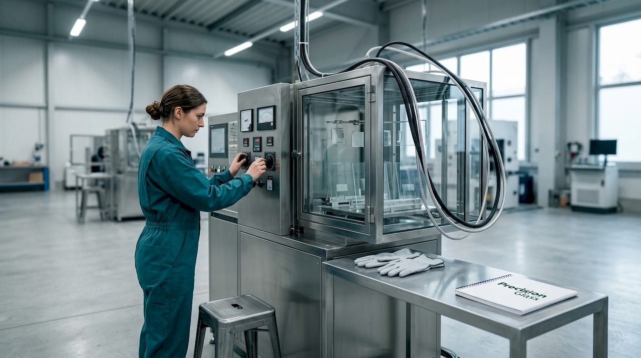 Technician operating PVD vacuum chamber in lab