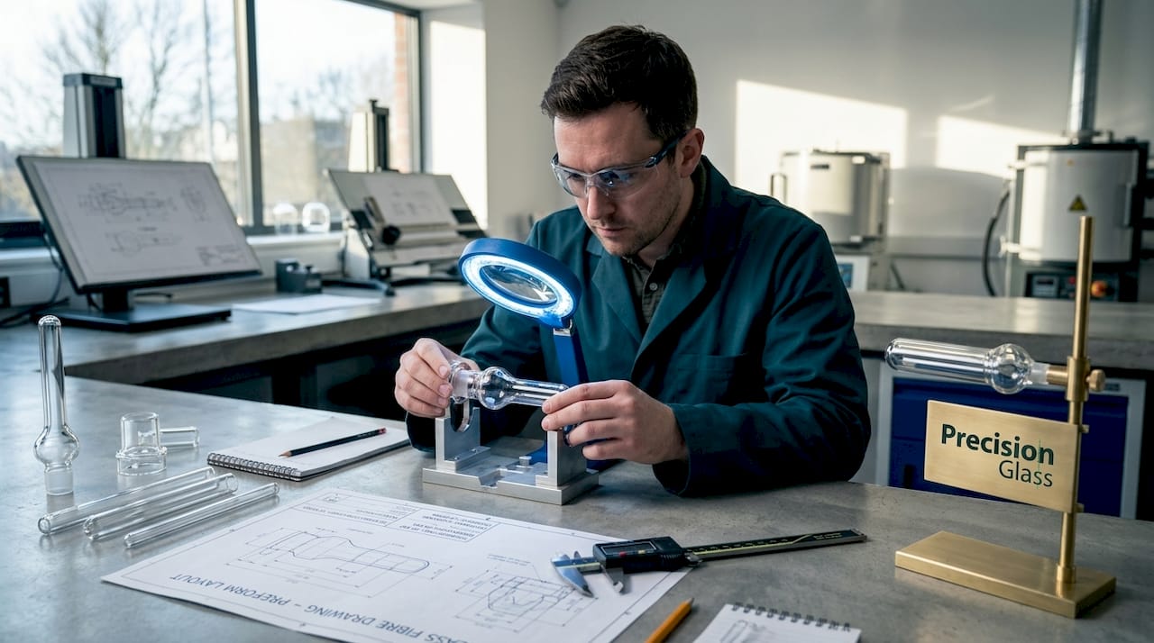 Engineer inspecting glass preform at studio workbench