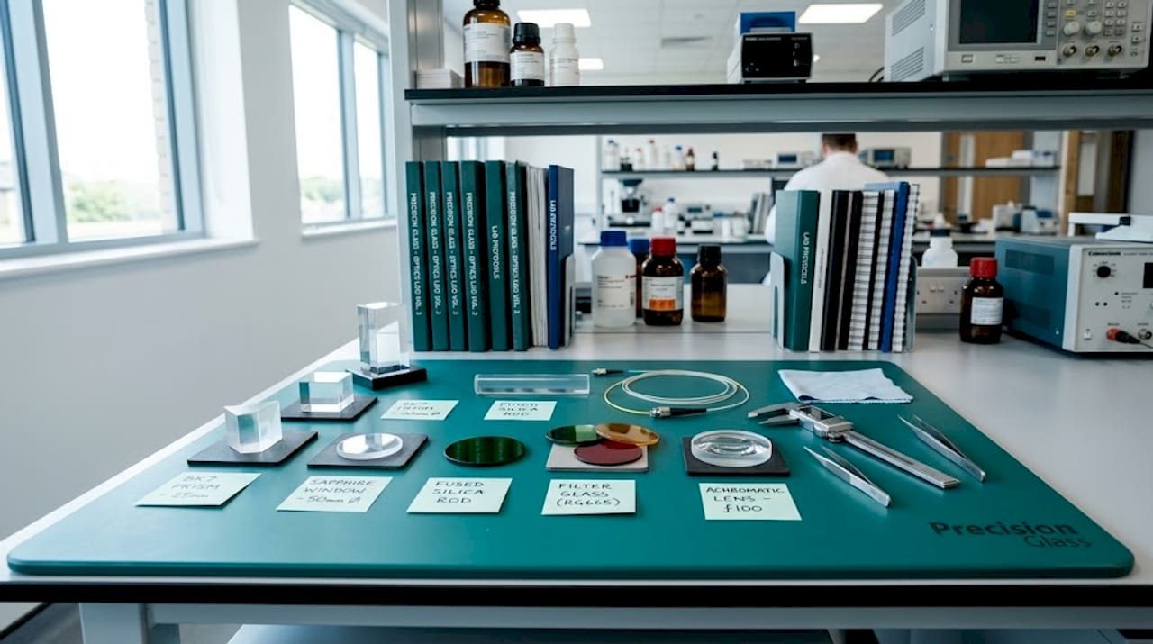 Photorealistic lab workbench with glass samples and notes