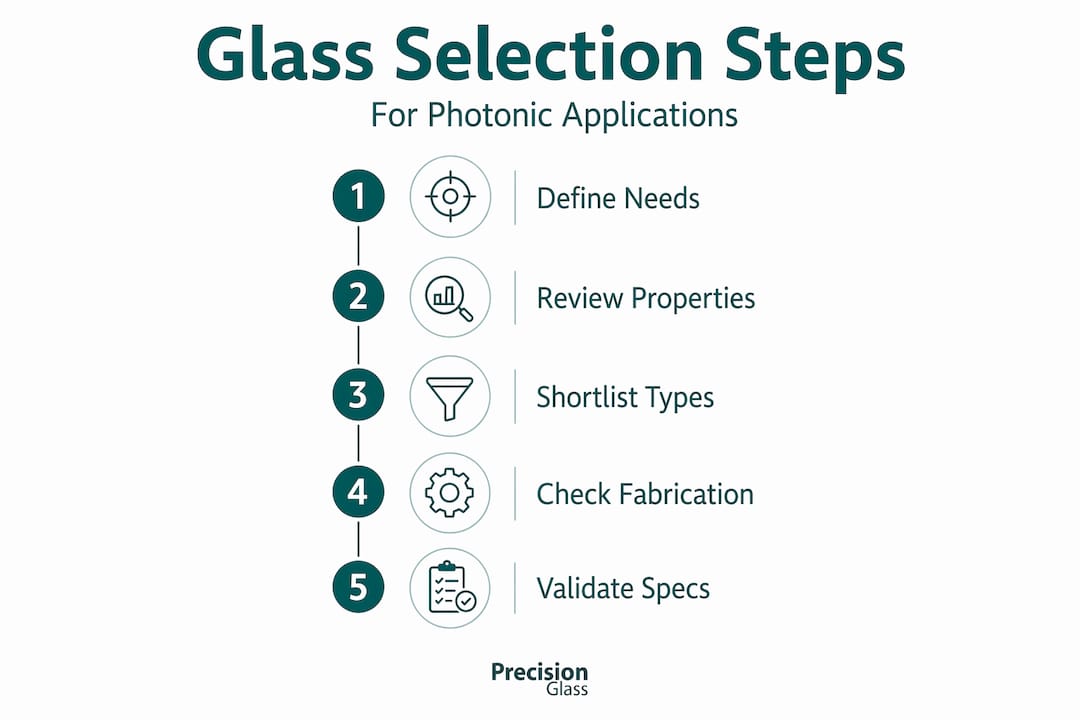 Infographic showing steps to select glass for photonics
