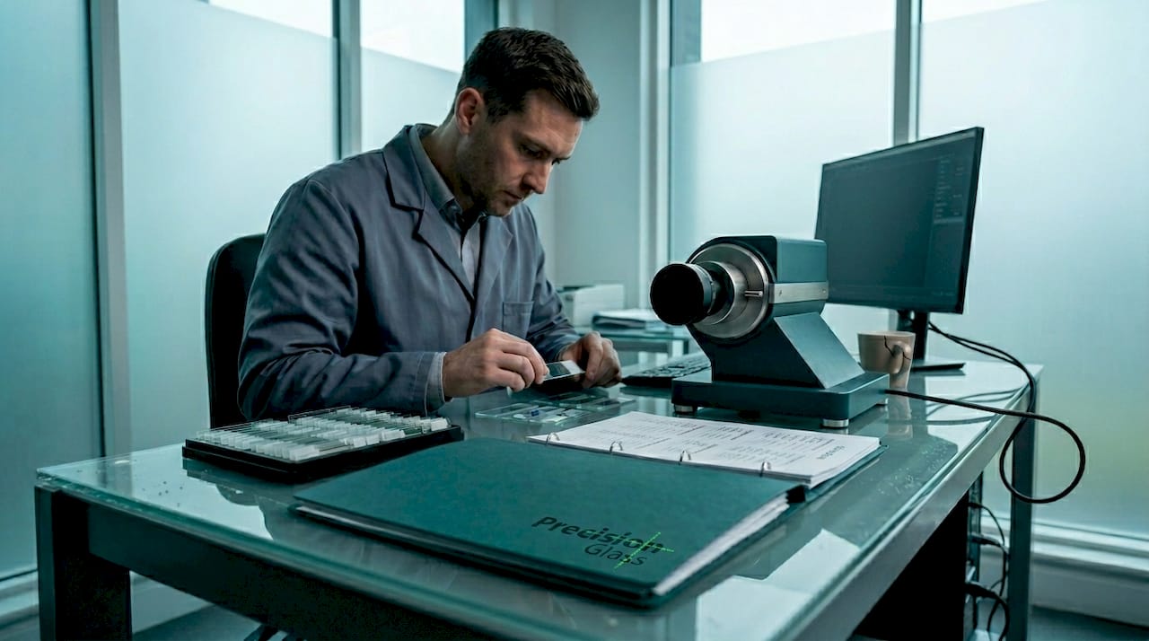 Engineer inspecting glass optics on lab workbench