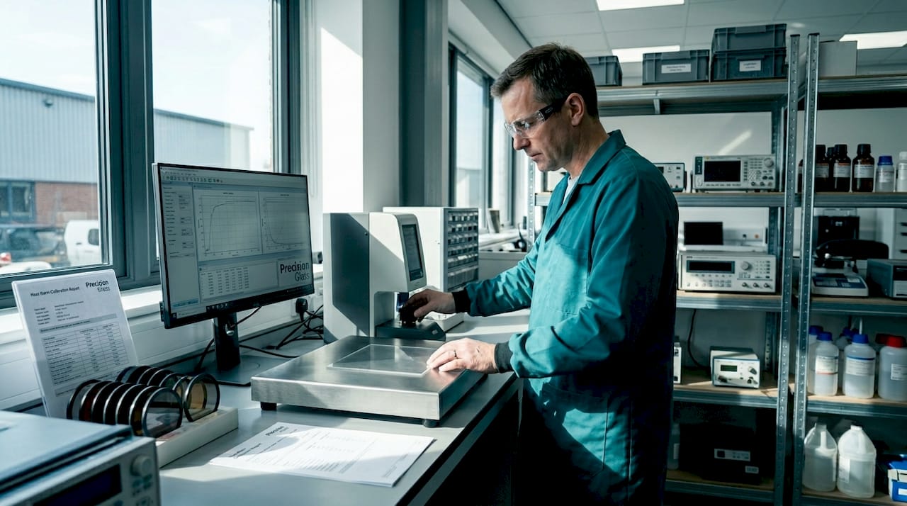 Technician testing acrylic sheet optical clarity