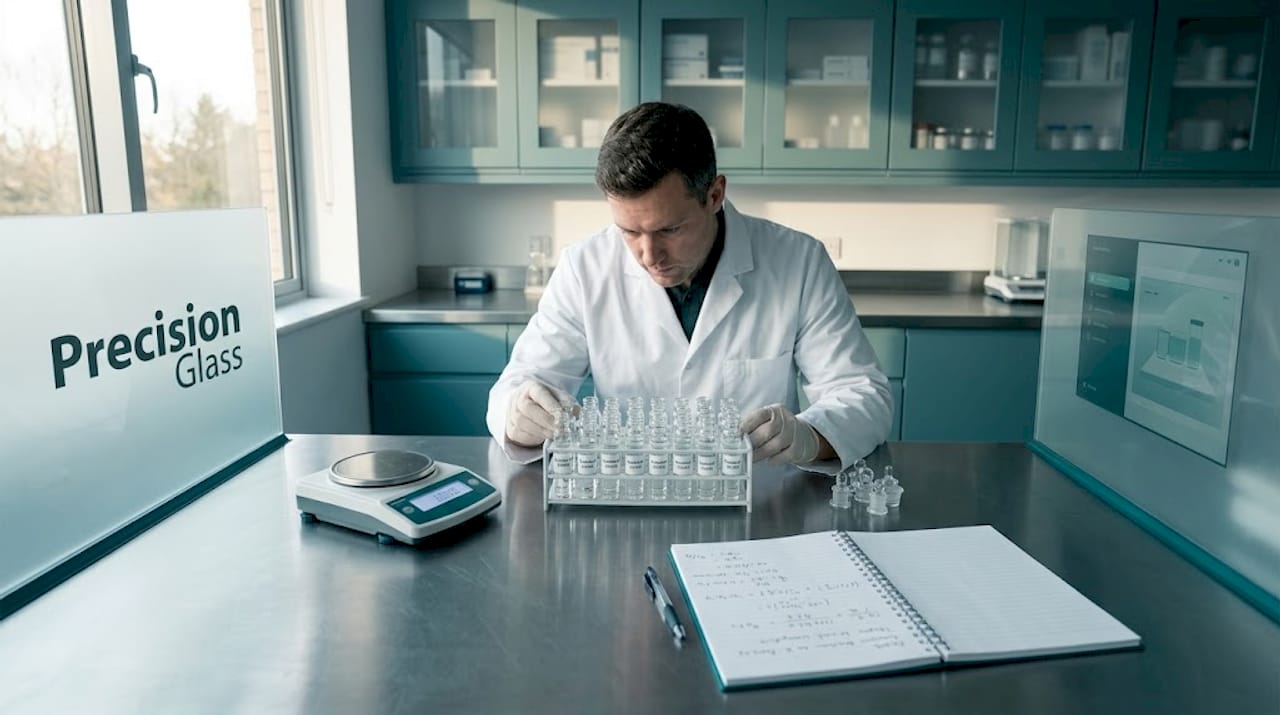 Technician inspecting borosilicate glass vials in lab