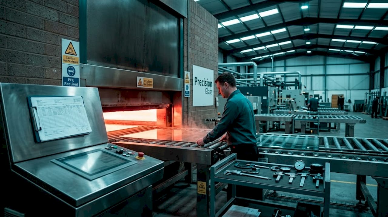 Technician inspects tempered glass factory process