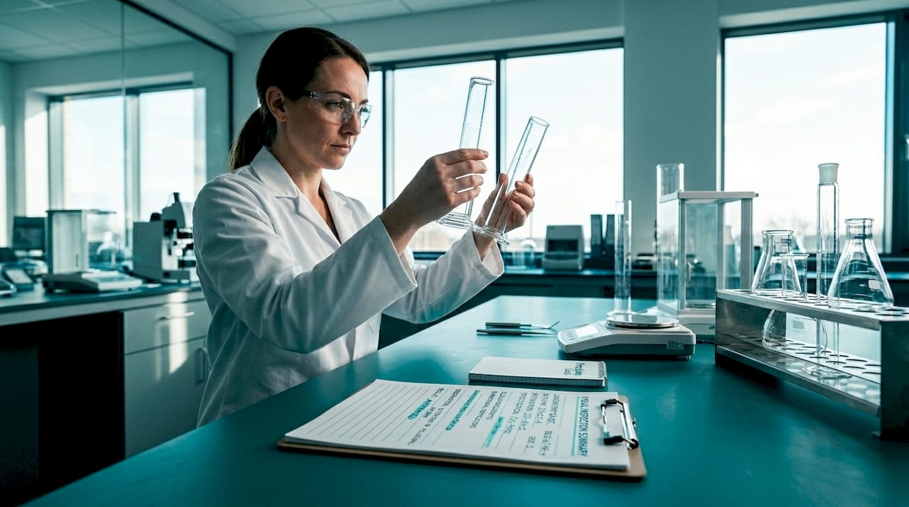 Technician inspects glass cylinders in laboratory