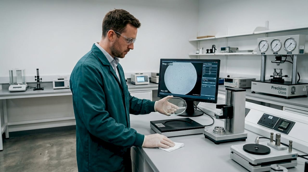 Technician inspecting fused silica glass disc